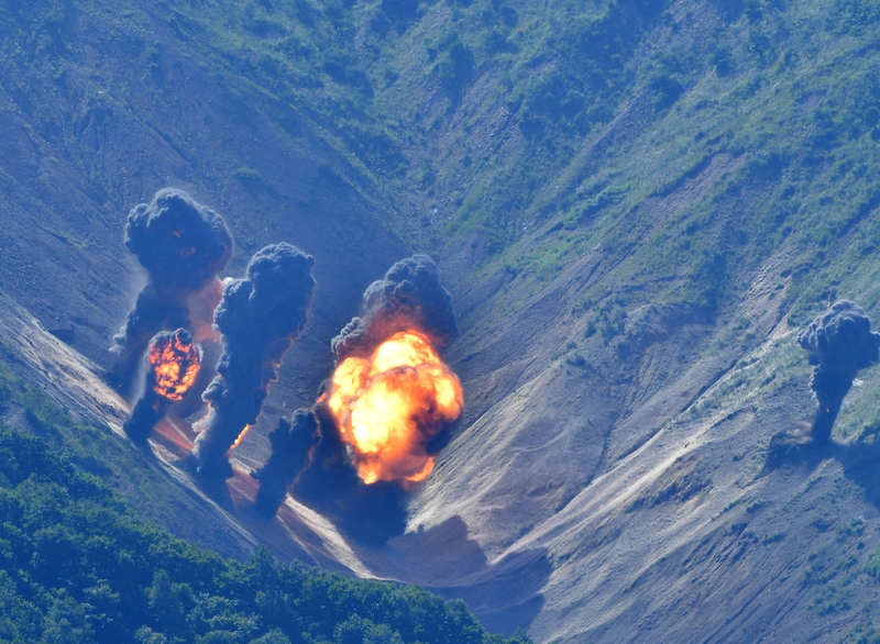 In this handout image provide by the South Korean Defense Ministry, bombs hit mock targets at the Pilseung Firing Range on August 31, 2017 in Gangwon-do, South Korea in response to a August 29th missile test from North Korea (Photo by Handout/South Korean Defense Ministry via Getty Images)